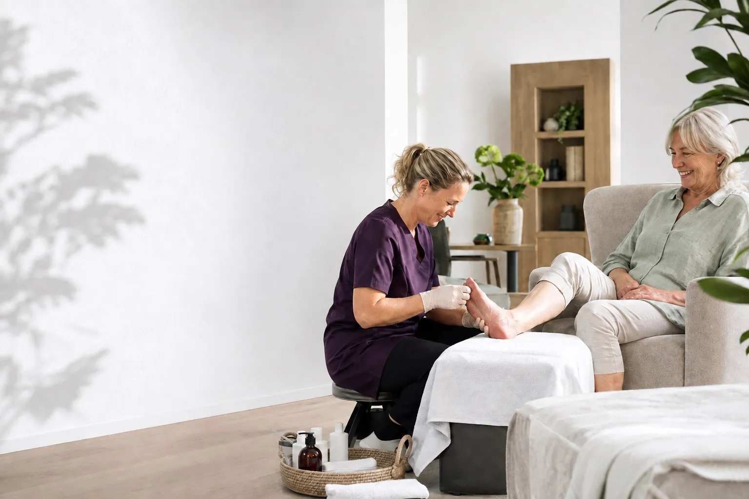 Een pedicure verzorgt de voeten van een vrouw thuis.