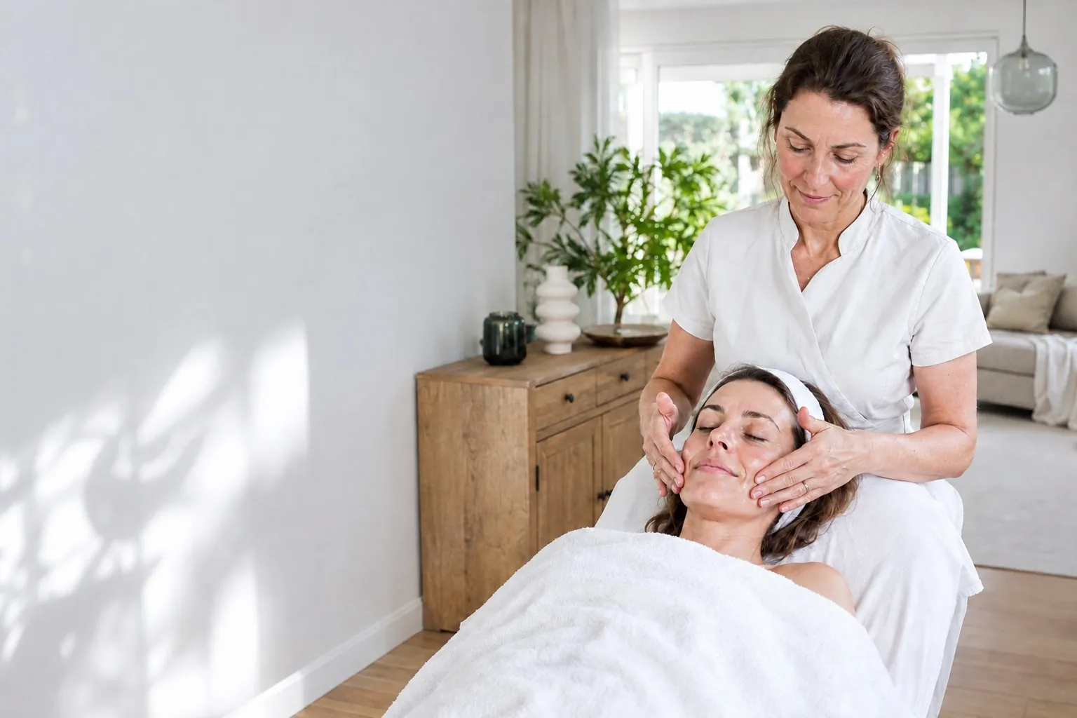 Een schoonheidsspecialist geeft een vrouw een gezichtsmassage thuis.