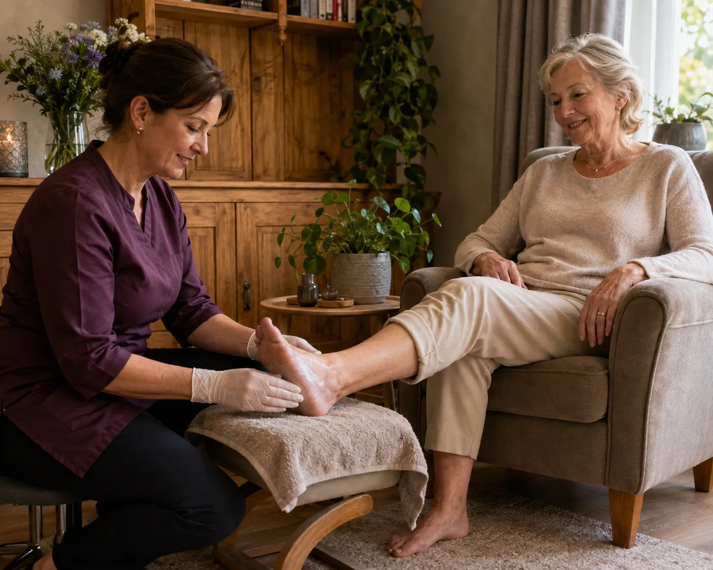 Een pedicure verzorgt de voeten van een vrouw in haar eigen woonkamer.